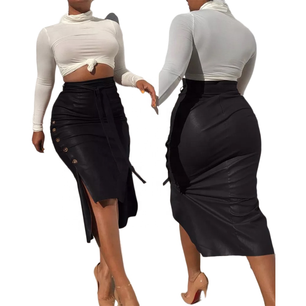 Wholesale 2021 Custom Zipper Skirt PU Leather Slim Package Hip Skirt Leather Skirts
