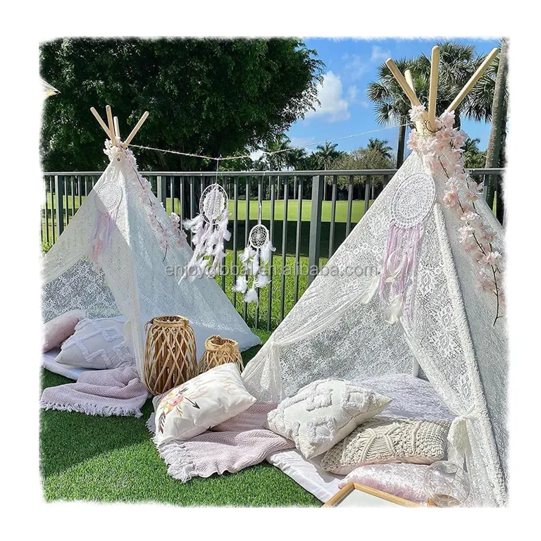Kids Teepee Tent Boho chic Children Play Tent Lace Tipi Sheer Canopy outdoor Toy tents for Wedding Party Photo Prop