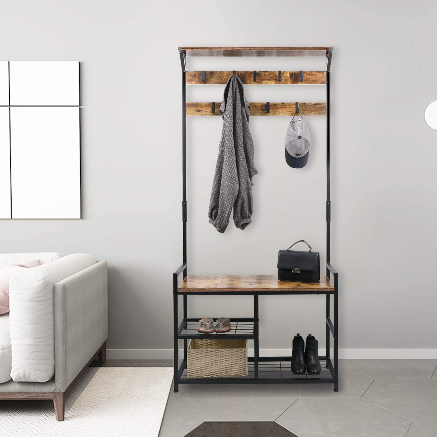 Coat Rack Shoe Bench Hall Tree Entryway Storage Bench Wood Look Accent Furniture with Metal Frame