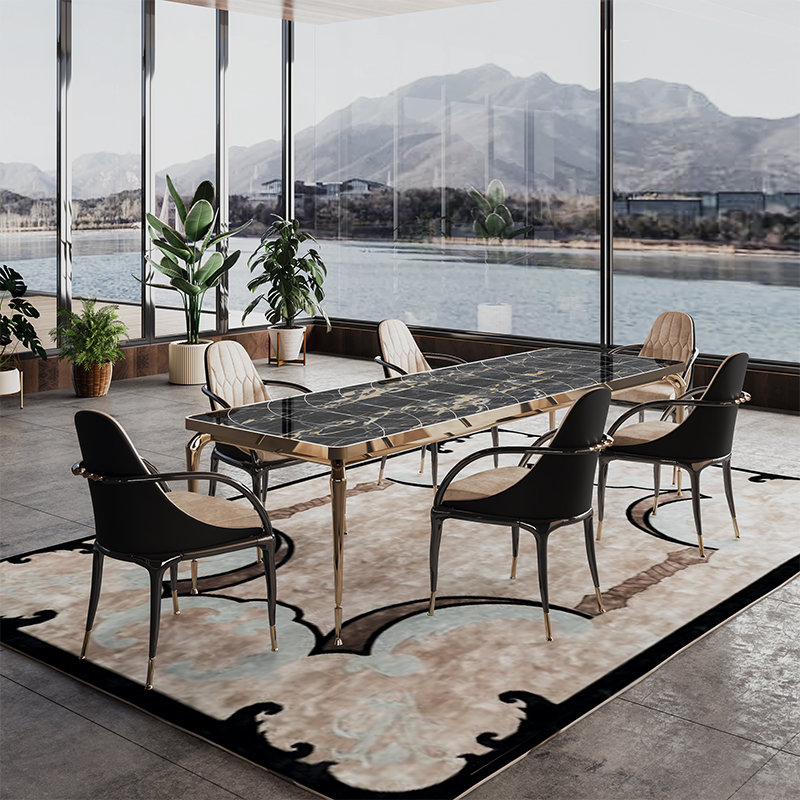 Black Marble Dining Table Set, 6 Seater Chairs, Classic Top, Luxury Dinning Table, Italian