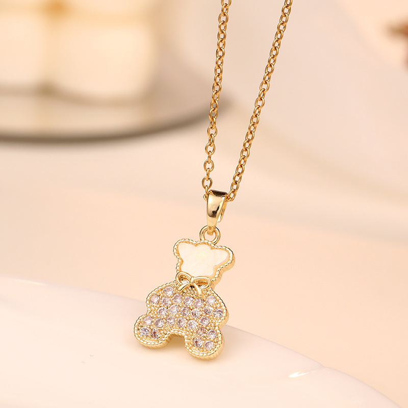 Maternity Clothes OPK jewelry Japan Korea Sen series simple design zircon sense teddy bear gold plated necklace bow chainSweate