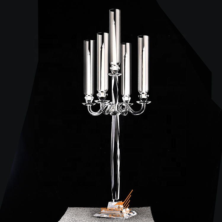 Hot sale tall cheap K9 5 arms crystal candelabra wedding table centerpieces for decorations