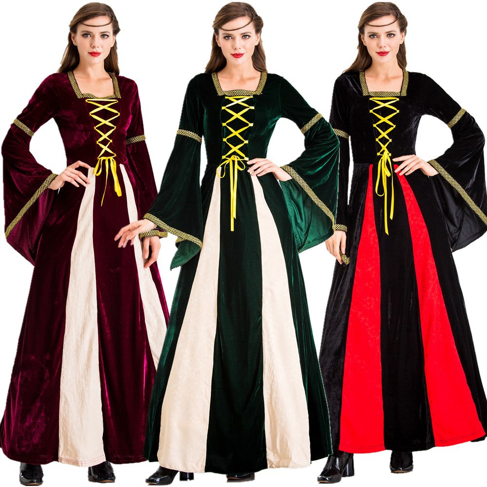 Halloween Vintage Medieval Religious Dress Dark Green Aristocratic Court Dress Adult Stage Performance Dress Queen Costume