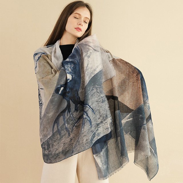 2020 latest design female autumn and winter antelope printing cotton spinning ladies shawl fashion scarf