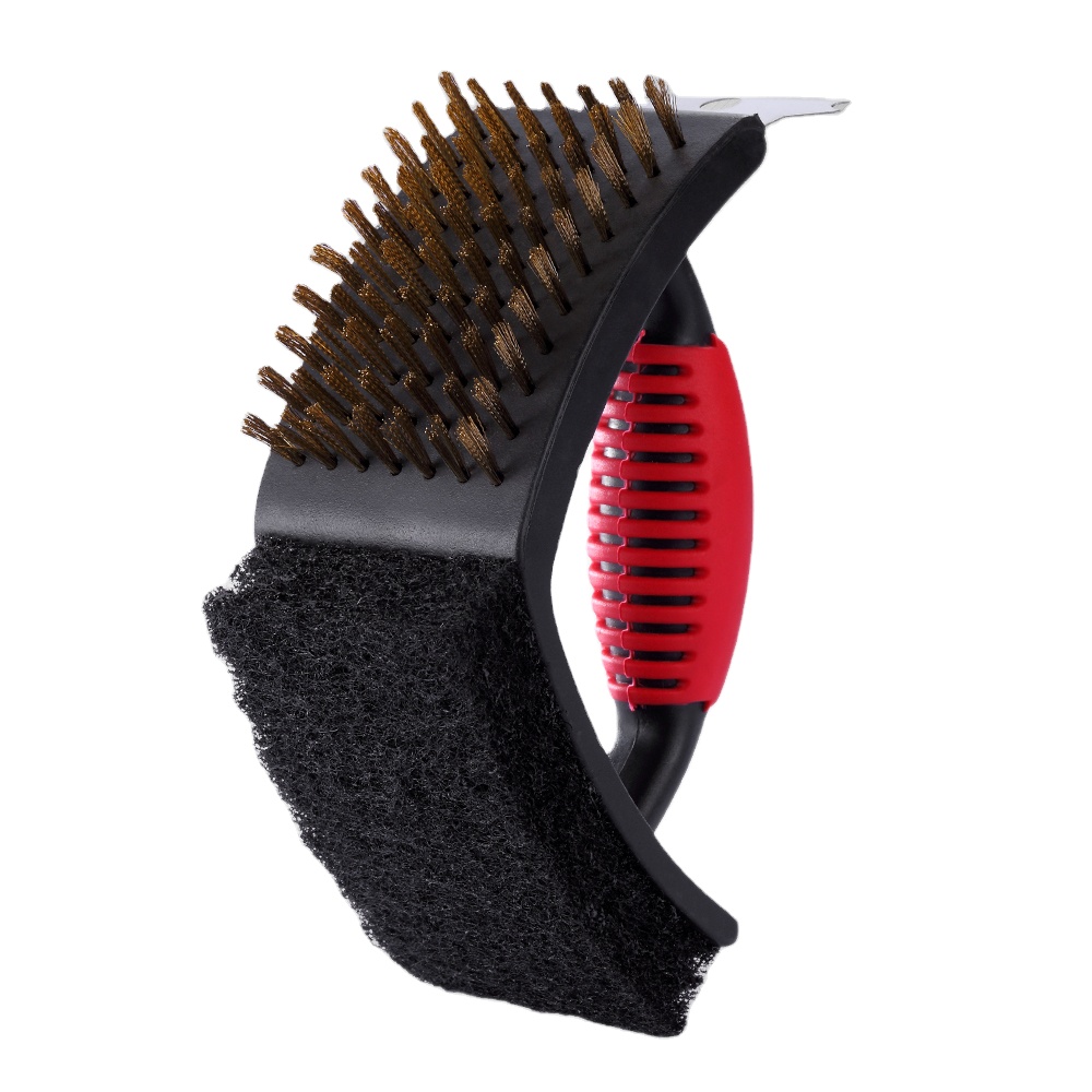 Premium 3 in 1 Multifunction BBQ Grill Cleaning Brush Cleaner with Stainless Steel Scraper Brass Brush Sponge Pad