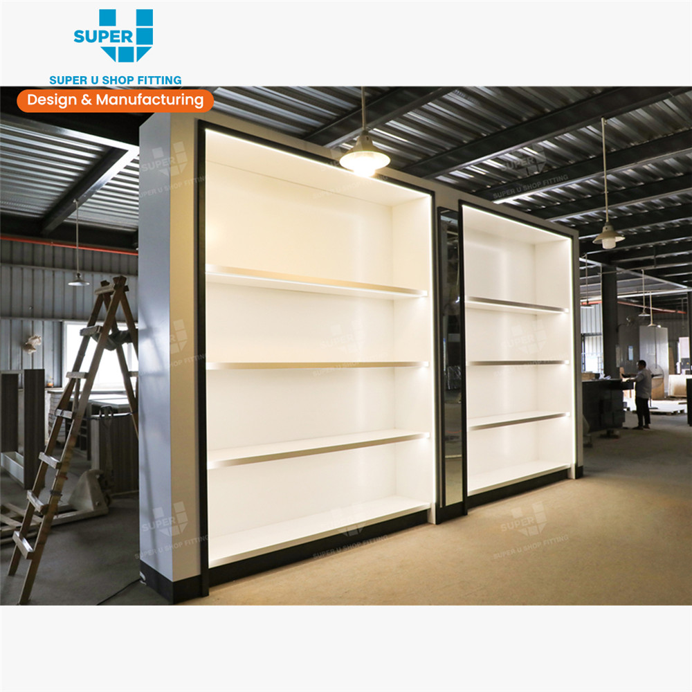 Super U Shop Fitting Commercial Store Shelving Customize Design Retail Display Case LED Light Showcase Manufacturer