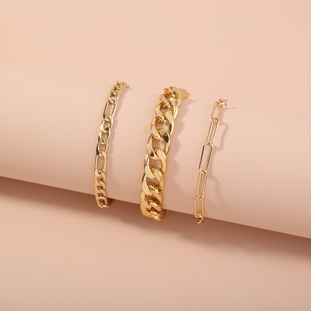 Hip Hop Punk Metal Chunky Baguette Copper Chain Cuban Link Bangle Bracelet Set 18K Gold Jewelry Women