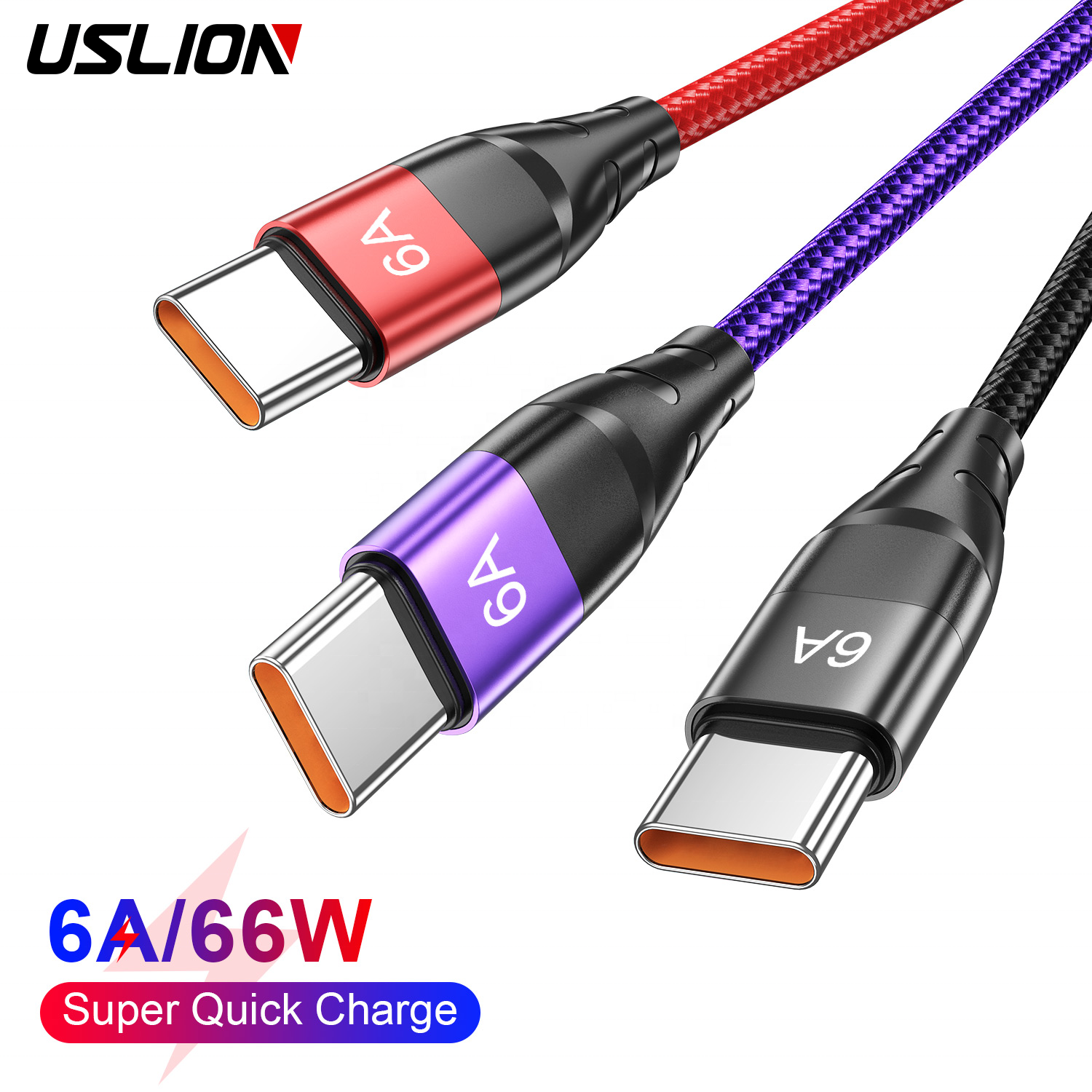 USLION USB 6A 66W супер быстрый зарядный кабель передачи данных мобильного телефона Быстрый Телефон USBC зарядный кабель с разъемом USB Type-C для Huawei Xiaomi