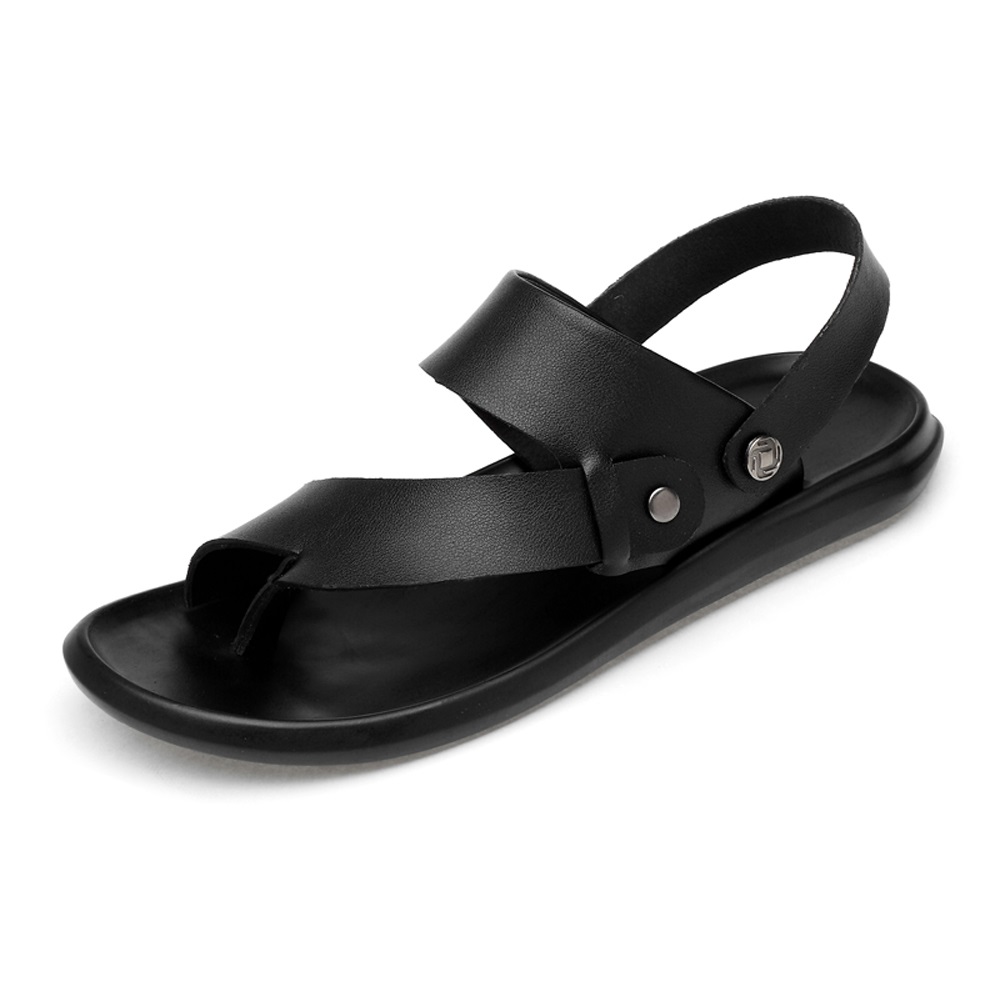 Men's Genuine Leather Beach Sandals Non-slip Sole Toe Ring Slipper Adjustable Backless Black
