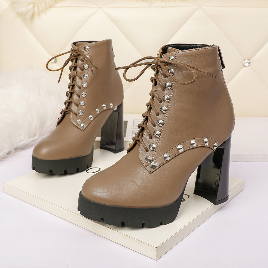 Wholesale custom fashion sexy thick heel round toe laced rivet women ankle heel boot
