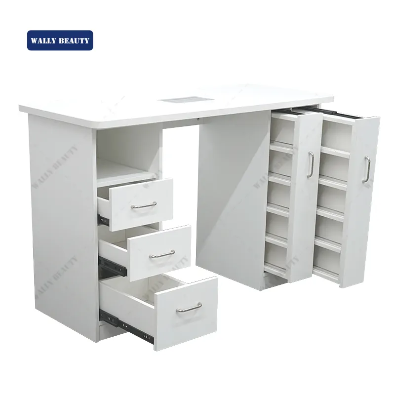 Wallybeauty modern high quality white nail polish rack drawers table manicure table with fan