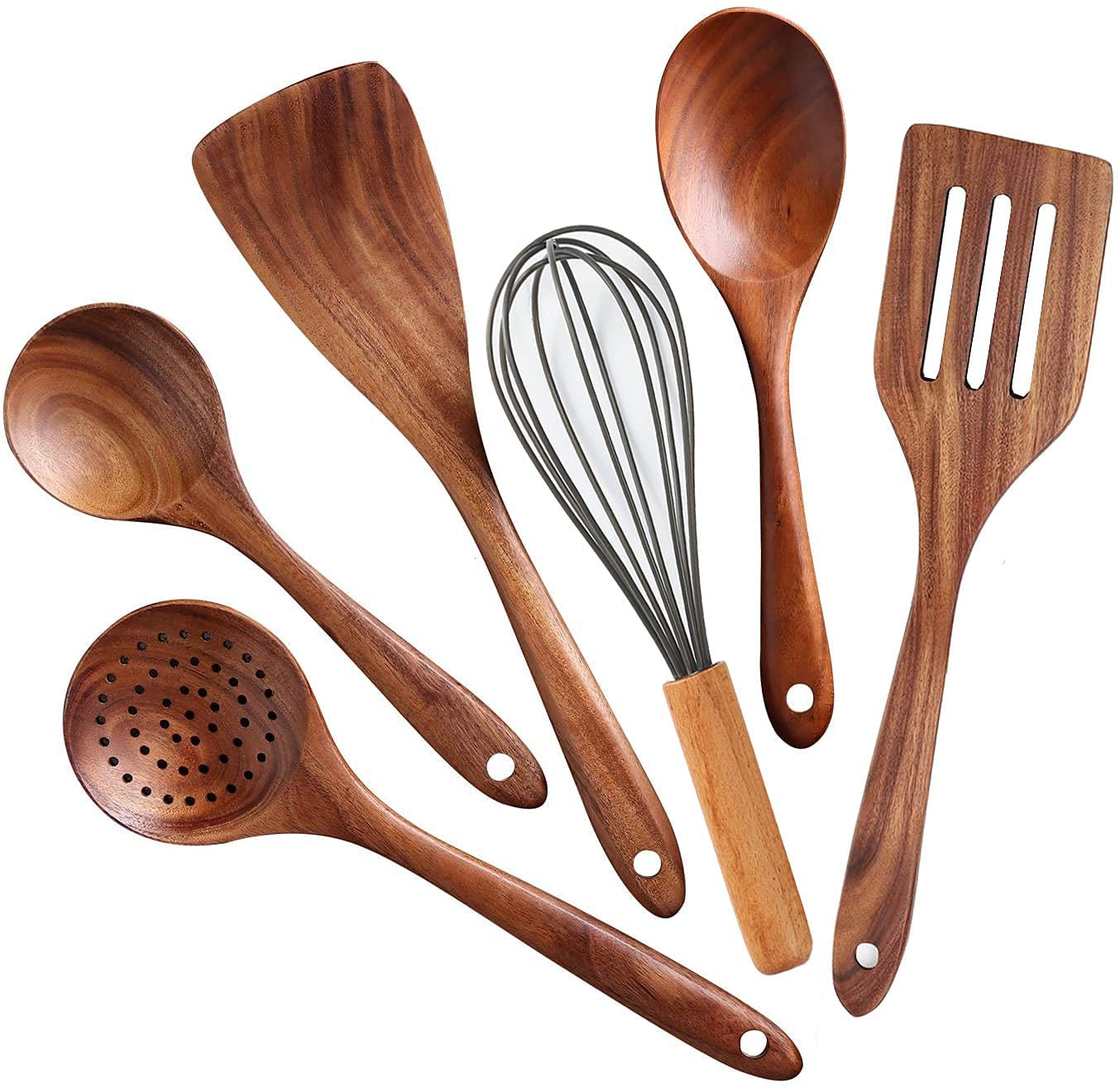 Natural Kitchen Bamboo Accessories Utensil Set 6 Piece Wooden Cooking Utensils with Spoon and Spatula and whisk