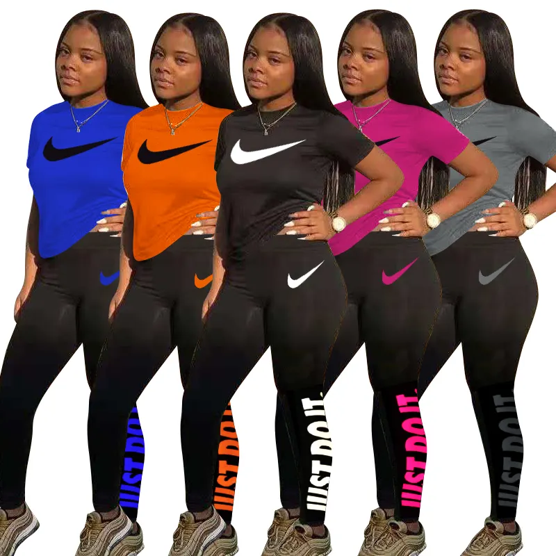 Женский спортивный комплект из двух предметов, однотонный неоновый повседневный комплект из двух предметов для бега и занятий спортом Nike, лето 2021