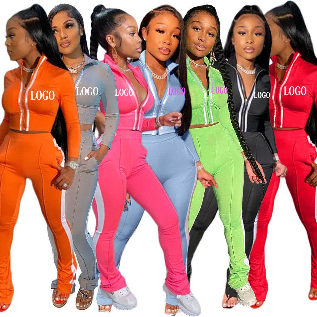 Casual Two Piece Set Women Clothing Slim Fit Striped Sportswear Tracksuit Fall Spring Long Sleeve Set Outfit with Pocket RS00466