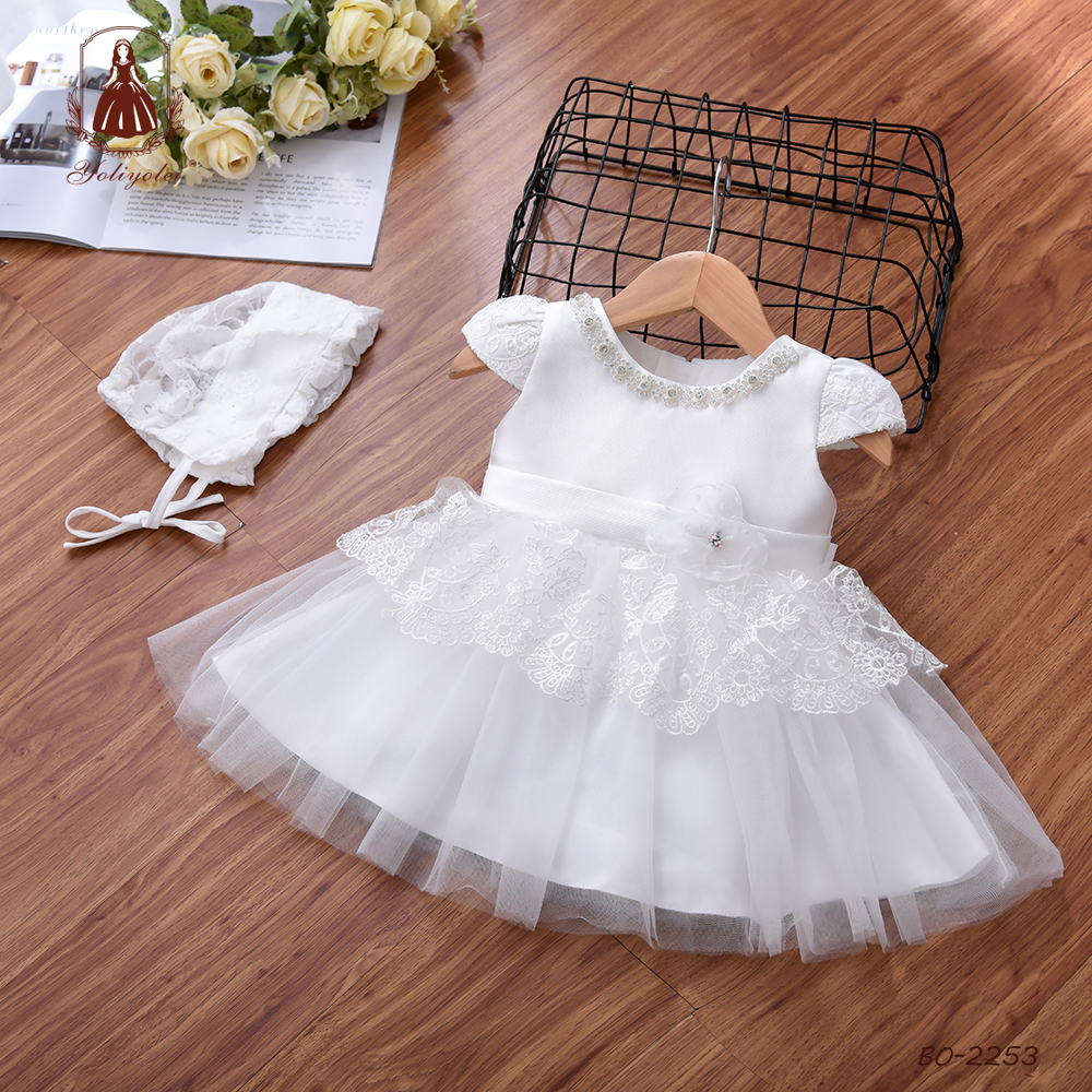 High Quality Embroidery Christening Dress Flower Newborn Gown With Hat White Baby Infant Girl Baptism Dress