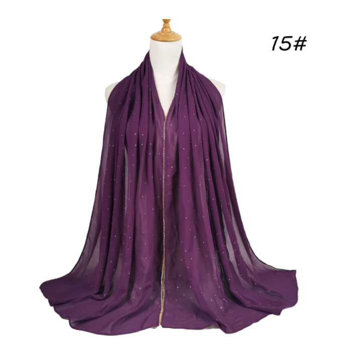 Factory Supplier Hot Fix Golden Rhinestone Chain Bubble Chiffon Muslim Hijab Scarf Glittering Hijab Headwear Wraps