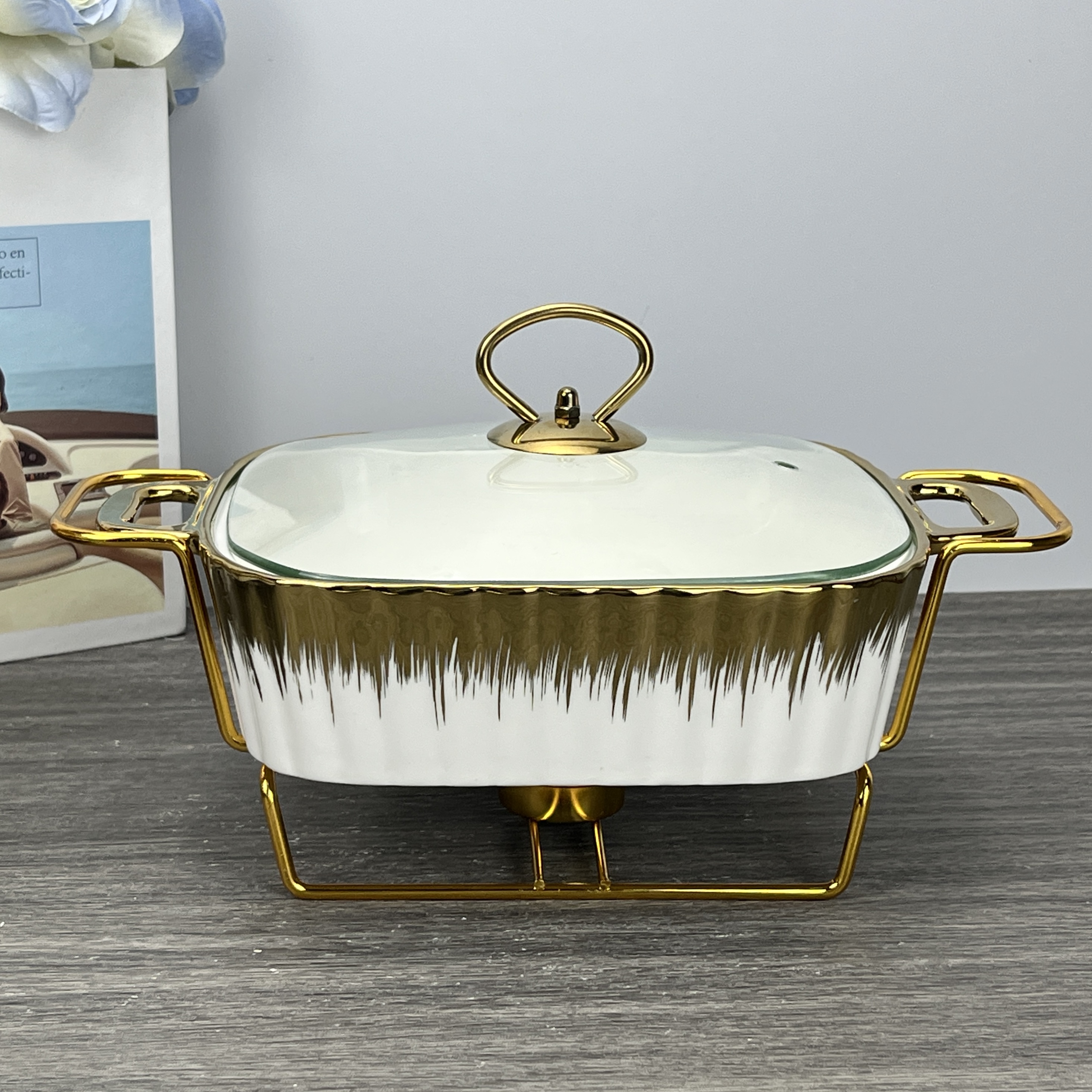 15 Inch Rectangular Reramic Casserole Pot Baking Dish Tableware Candle Fire Heating Hotel Dry Soup Pot with Golden Rack