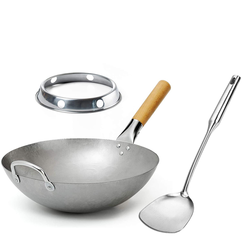 Chinese Carbon Steel Wok set with Wok Spatula  Spoon  Grill  and Lid Nonstick Wok
