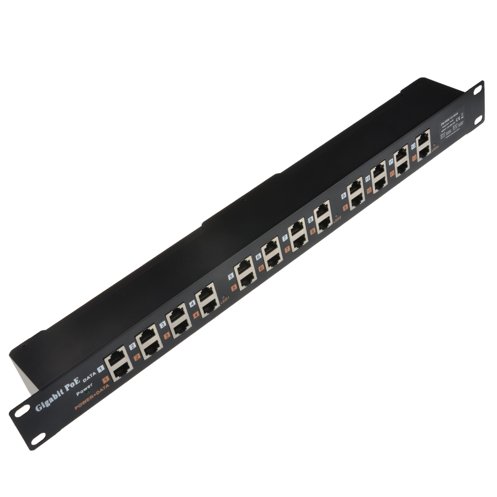 GPOE-12-1U стеллаж для выставки товаров вмонтированой корпусной панелью Gigabit PoE инжектор 12 портный PoE Midspan