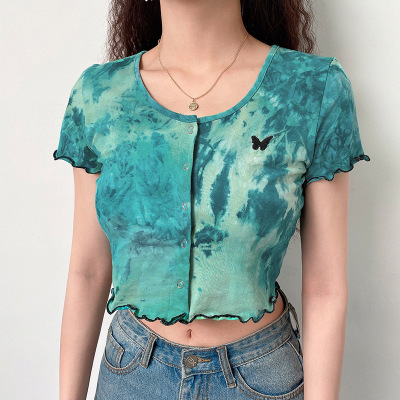 Womens Dip Dye O-neck Sweater Pullover Short Casual Knitted Embroidery Cardigan