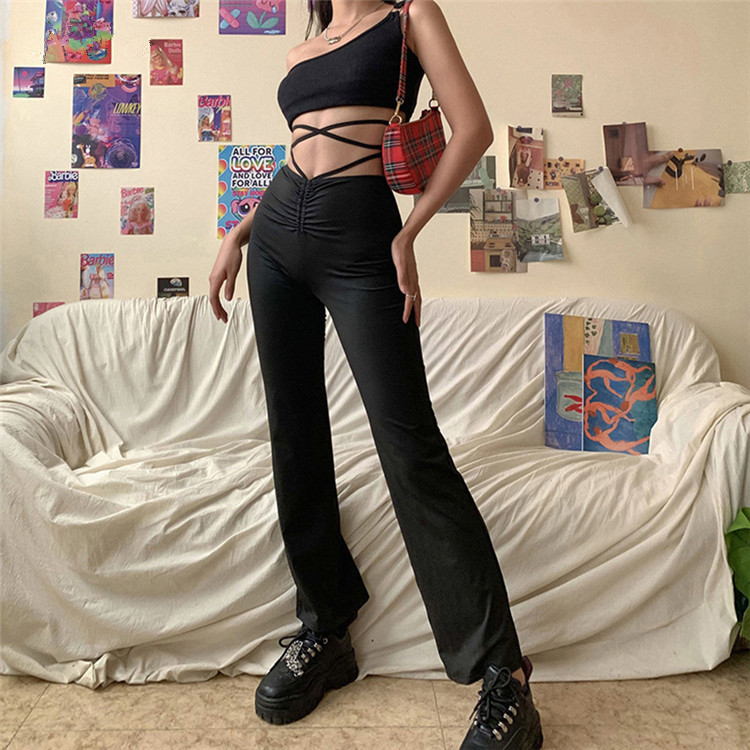 Harajuku High Waist Hin Thin Bandage Straight Pants Female High Quality Activity Trousers Kpop Street Leisure Party Pants