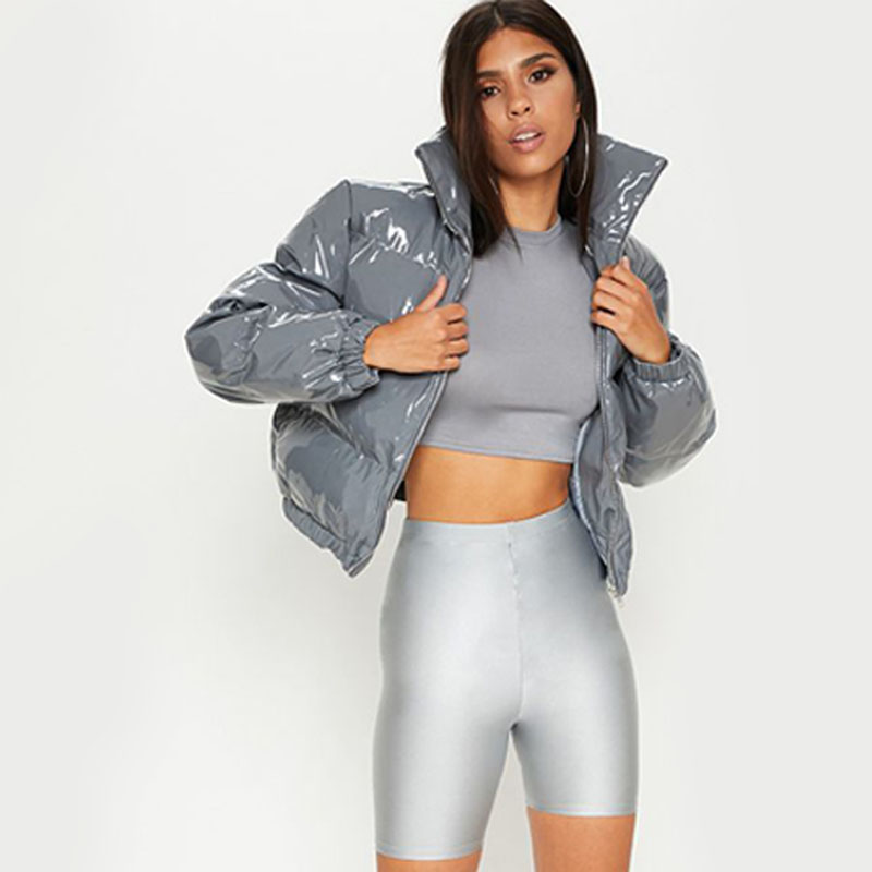 Женские сексуальные темно-серые виниловые гусиные пуховики Puffer Bubble Jacket Woman Coat