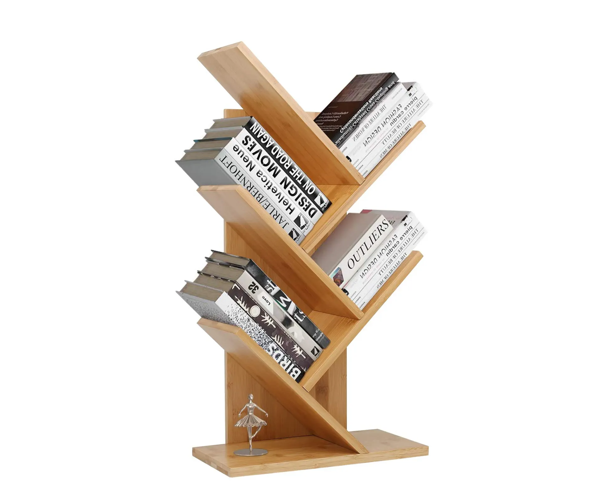 Wholesale Bamboo Wood Free-Standing Holder Organizer Tree Bookshelf 4-Tier Book Rack