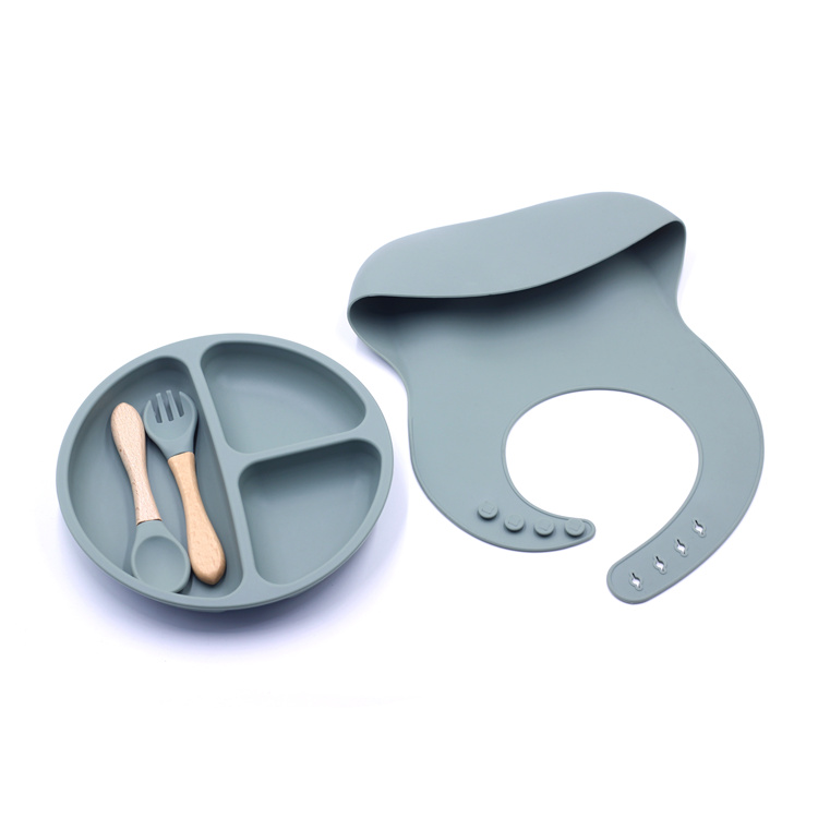 Wholesale Baby Feeding Set Soft Plate BPA Free Silicone Baby Bib With Spoon And Fork