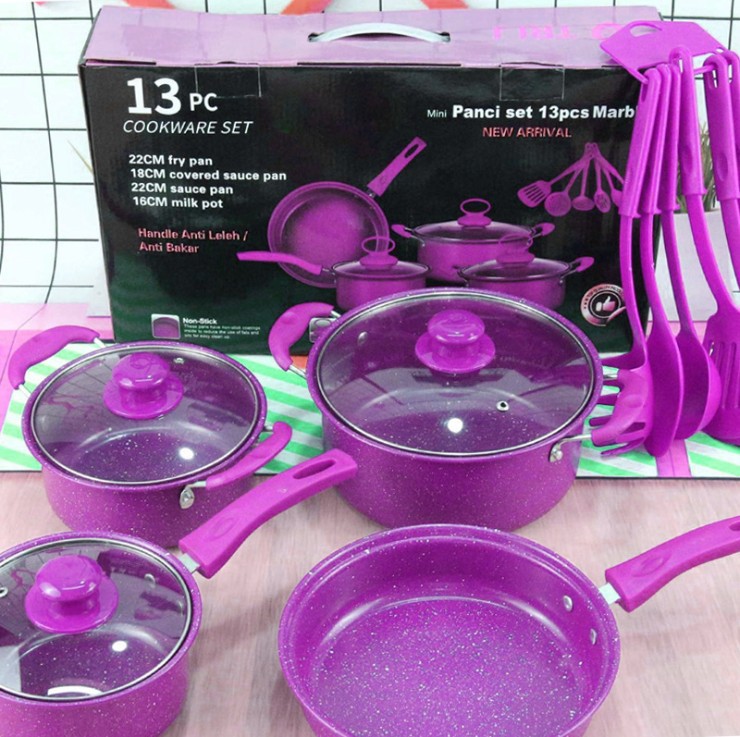 Hot Selling Colorful 13-Piece Non-Stick Multi-Functional Soup Milk Pot Sets Frying Pan Gift Purple Red Blue Cooking Kitchenware