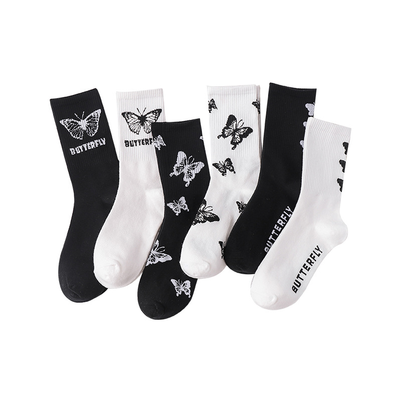 Wholesale Butterfly Jacquard Breathable Bulk Cotton White And Black Butterflies Woman Socks