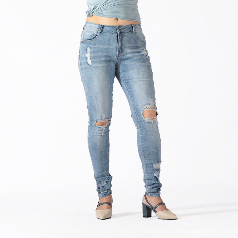 Wholesale ladies custom logo high quality casual skinny fashion trousers denim pants slim fit women's washed ripped jeans