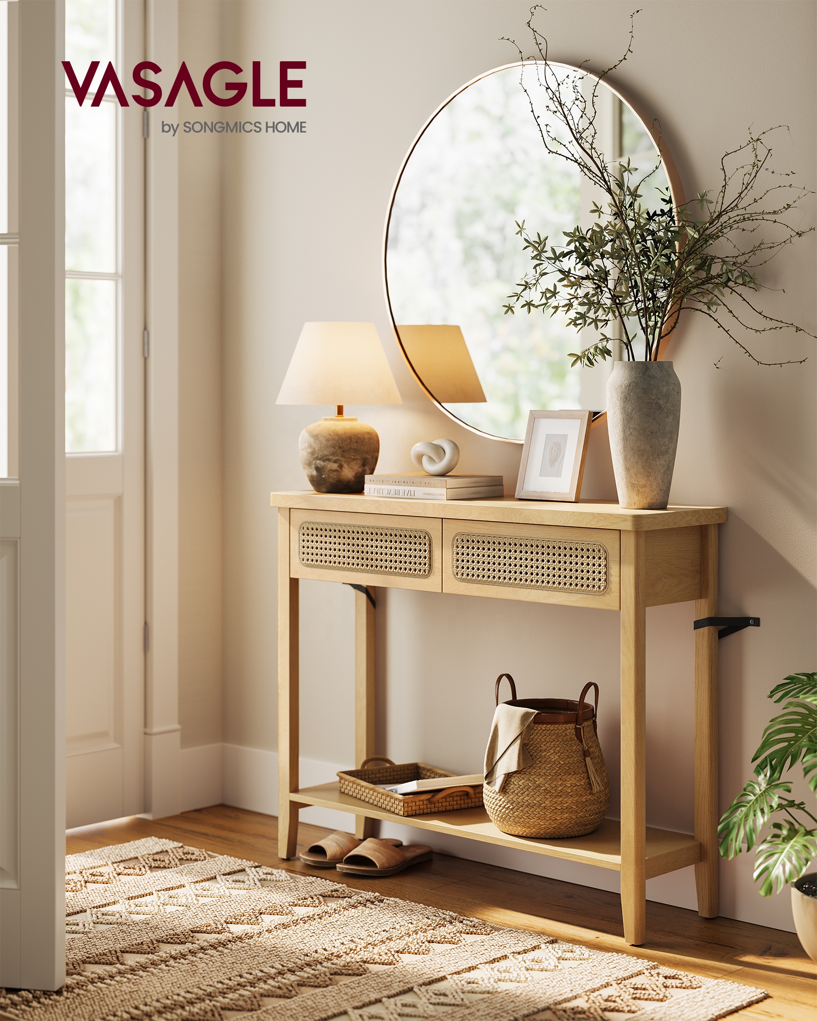 VASAGLE Boho Style Narrow Entryway Table with 2 Drawers wood Sofa Table rattan Console Table for Living Room