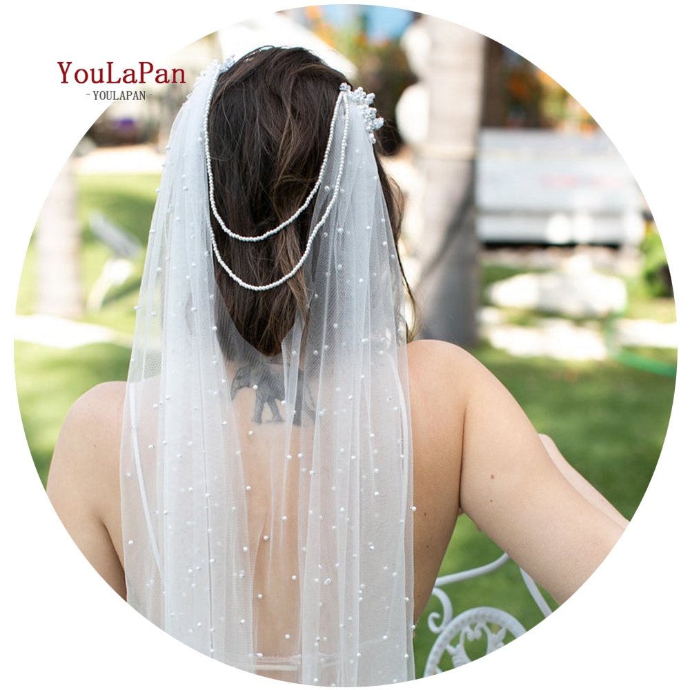 YouLaPan V03 2021 Newest Design Church Crystal Pearl Veil Wedding Bridal Veil With Double Comb