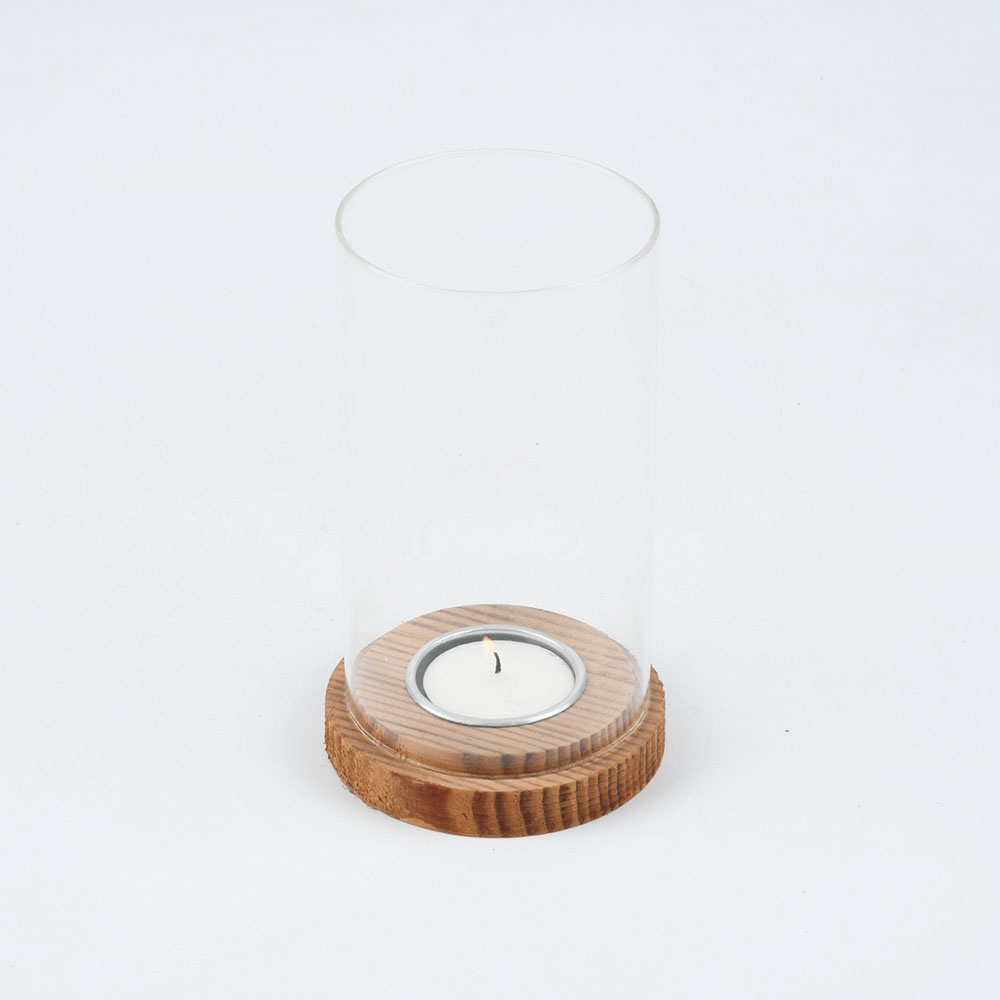 Оптовая продажа, Стеклянные Подсвечники tealight hurricane на деревянной основе для домашнего декора