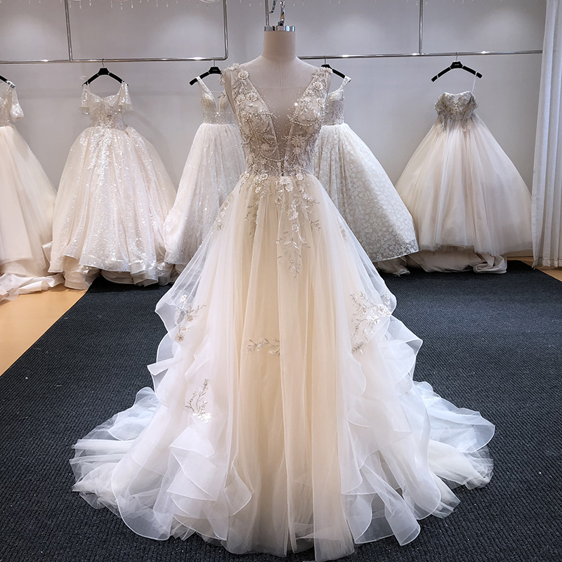 SL-6254 Великолепные Аппликации со шлейфом средней длины v-образный вырез Boho Свадебные платья 2020 Роскошные бисером с низким вырезом на спине vestido de noiva