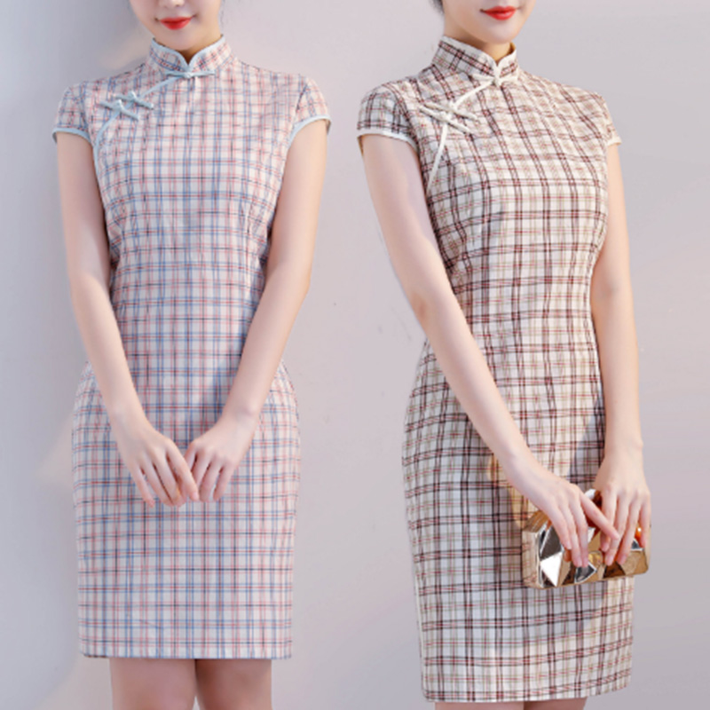 2019 Новый стенд воротник хлопок и лен плед Cheongsam ретро тонкий для похудения короткие Cheongsam