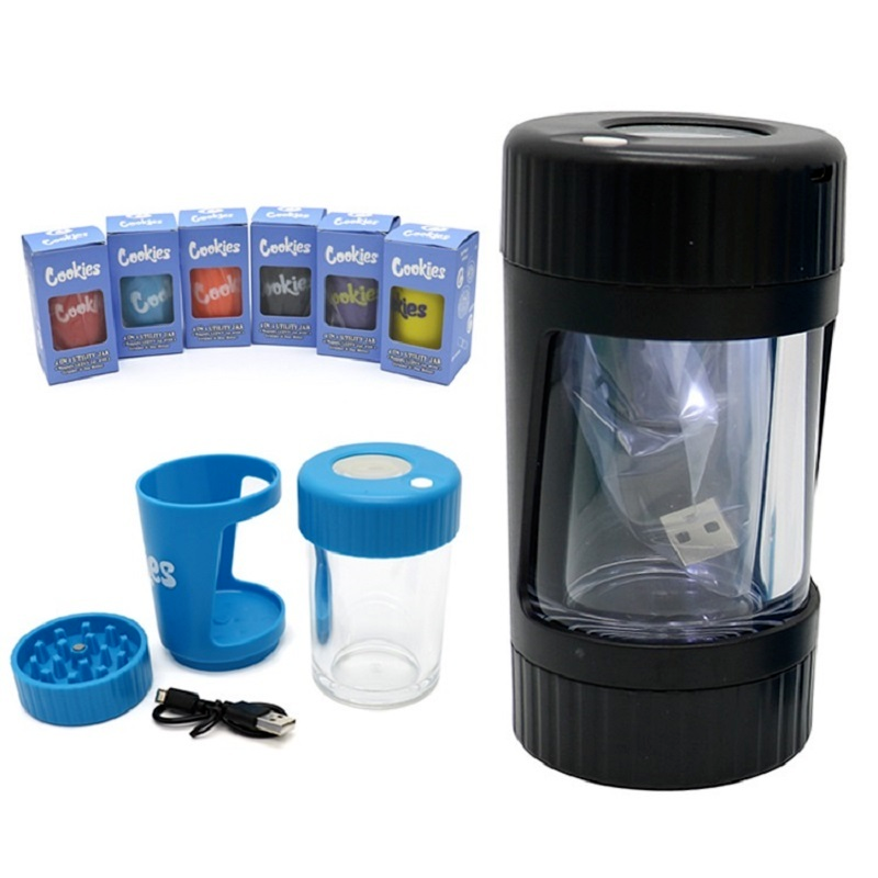 New LED Cookies Tobacco Jar Weed Storage Tank Transparent Sealed Herbal Storage Boxes Magnifying with Lid Grinder Smoking Pipes