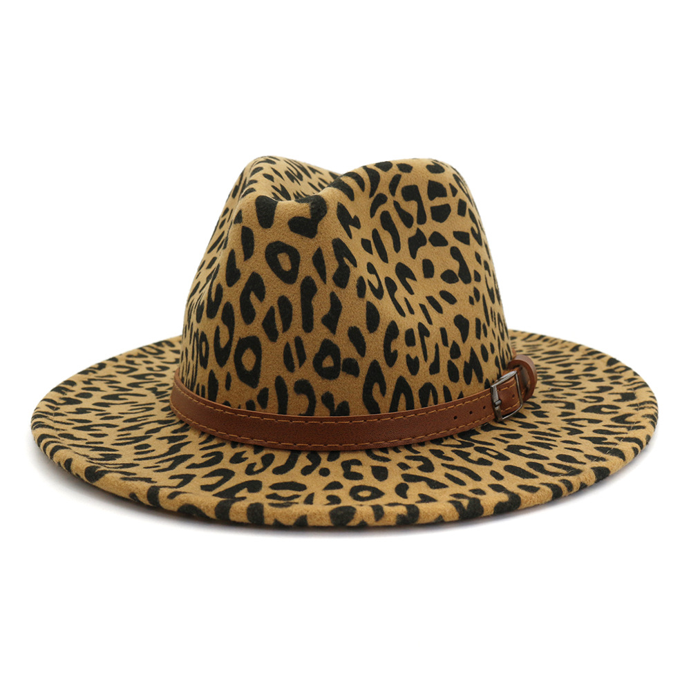 Europe America Winter Fashion Leopard Print Belt Buckle Fedora Hat Vintage Wool Jazz Panama Hat For Men and Women