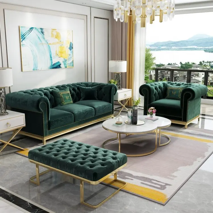 Velvet Chesterfield Fabrics Sofa Furnitures House Sofa Set Luxury Living Room