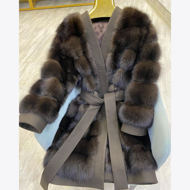 Fashion Winter Thick Loose Faux Fur Patchwork Elegant Open Stitch Long Women Tie Belt Coats