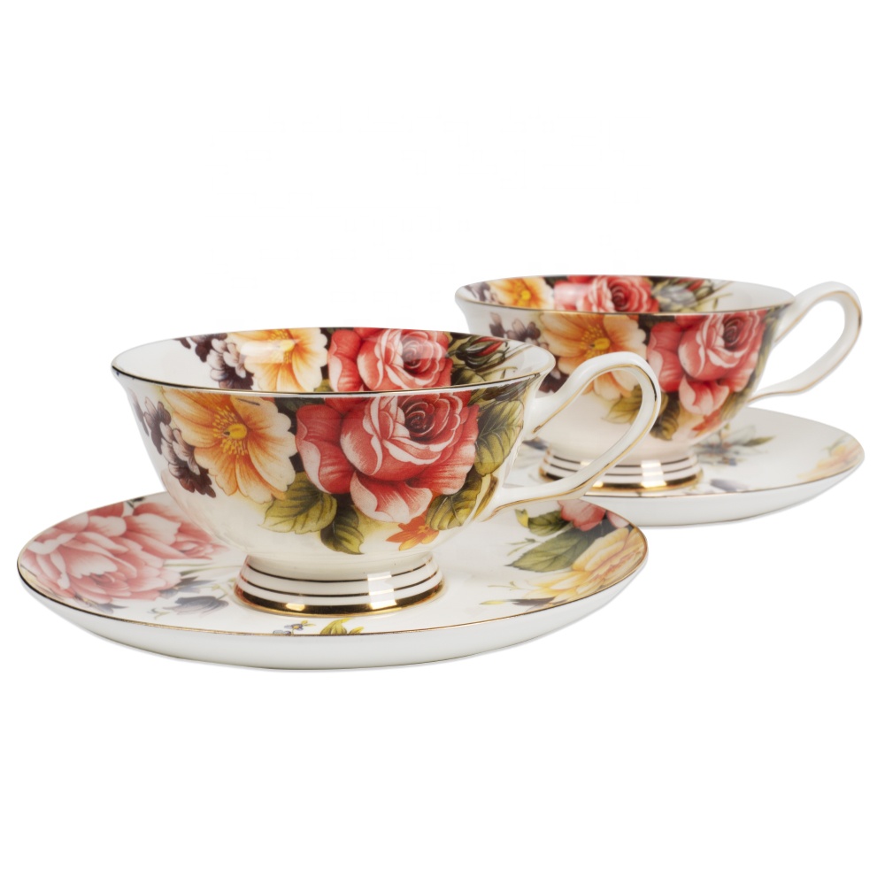 Пара из костяного фарфора чашки и блюдца кофе Cup-6.8oz королевская серия красивые цветы * 2, блюдца * 2 комплекта