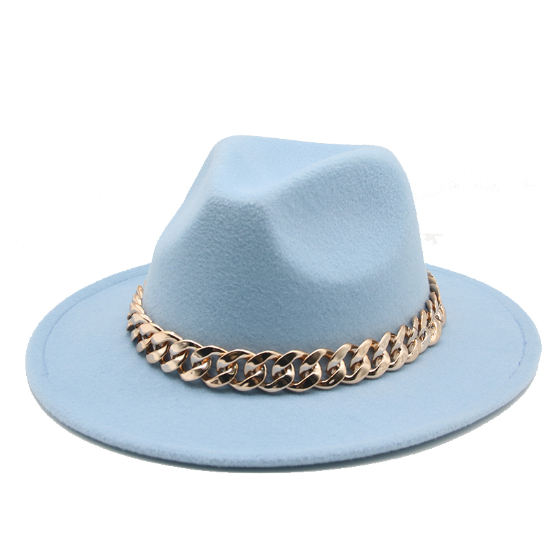 Fedora hats women men wide brim Thick gold chain band felted hats jazz cap winter women hats