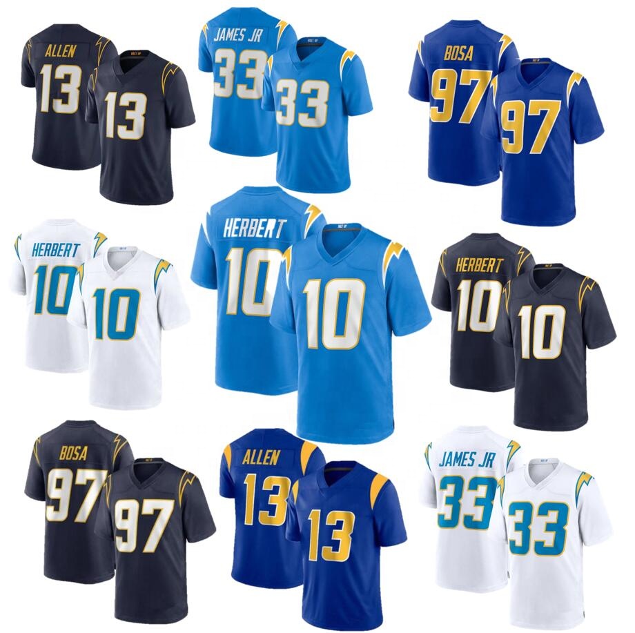 Лучшее качество #10 Джастин Герберт #13 Keenan Allen #30 Ekeler #33 Derwin James Jr. #97 Джоуи Боса сшитая Американская футболка