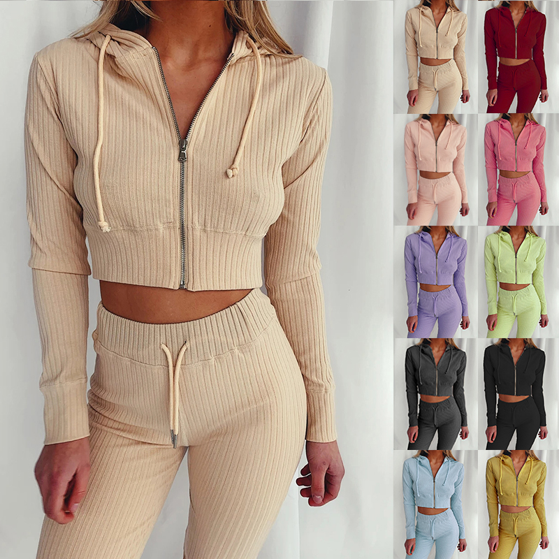 Custom Logo 2021 Fall New Plus Size Casual Crop Top and Pants Suit Hoodie Solid Color Rib Zipper Jogger Sweatpants Two Piece Set