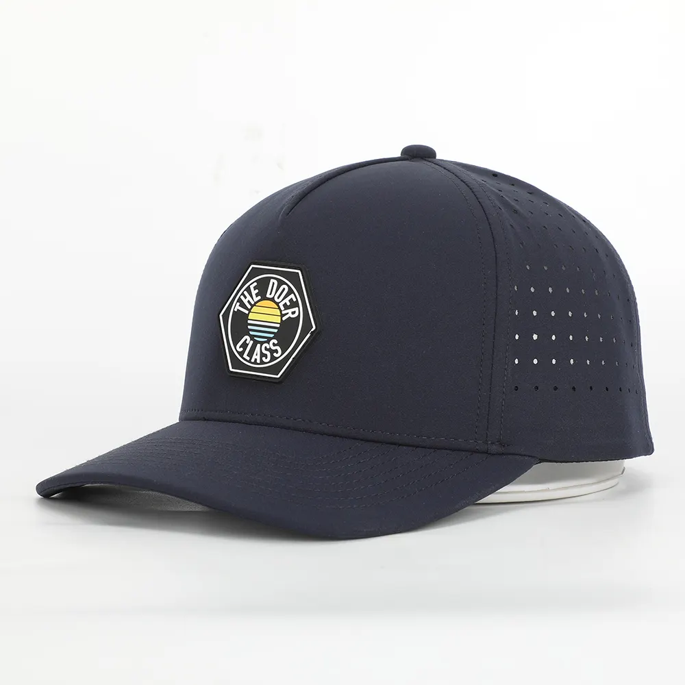 Custom High Quality 5 Panel Rubber PVC Patch Logo Dad Baseball Cap,Waterproof Laser Cut Drilled Hole Navy Blue Perforated Hat