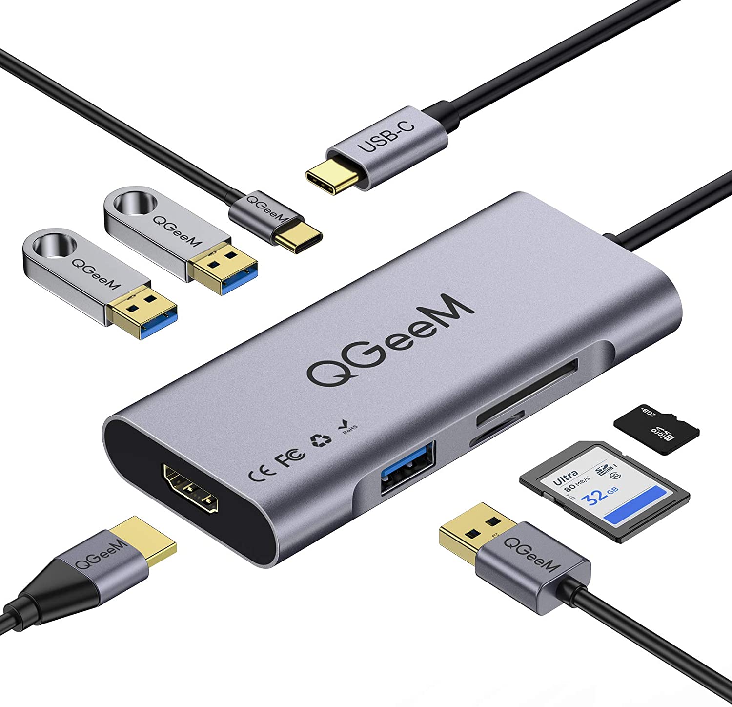 USB C Hub HDMI адаптер, QGeeM 7 в 1 Тип C Hub к HDMI,3 порта USB 3,0 4K 100 Вт Питание SD/TF карта