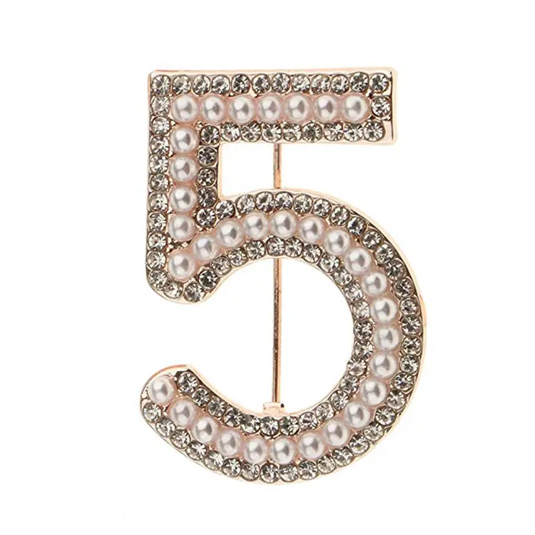 Number Five Brooch Pin Fashion Pin Badge with Pearls and Crystal