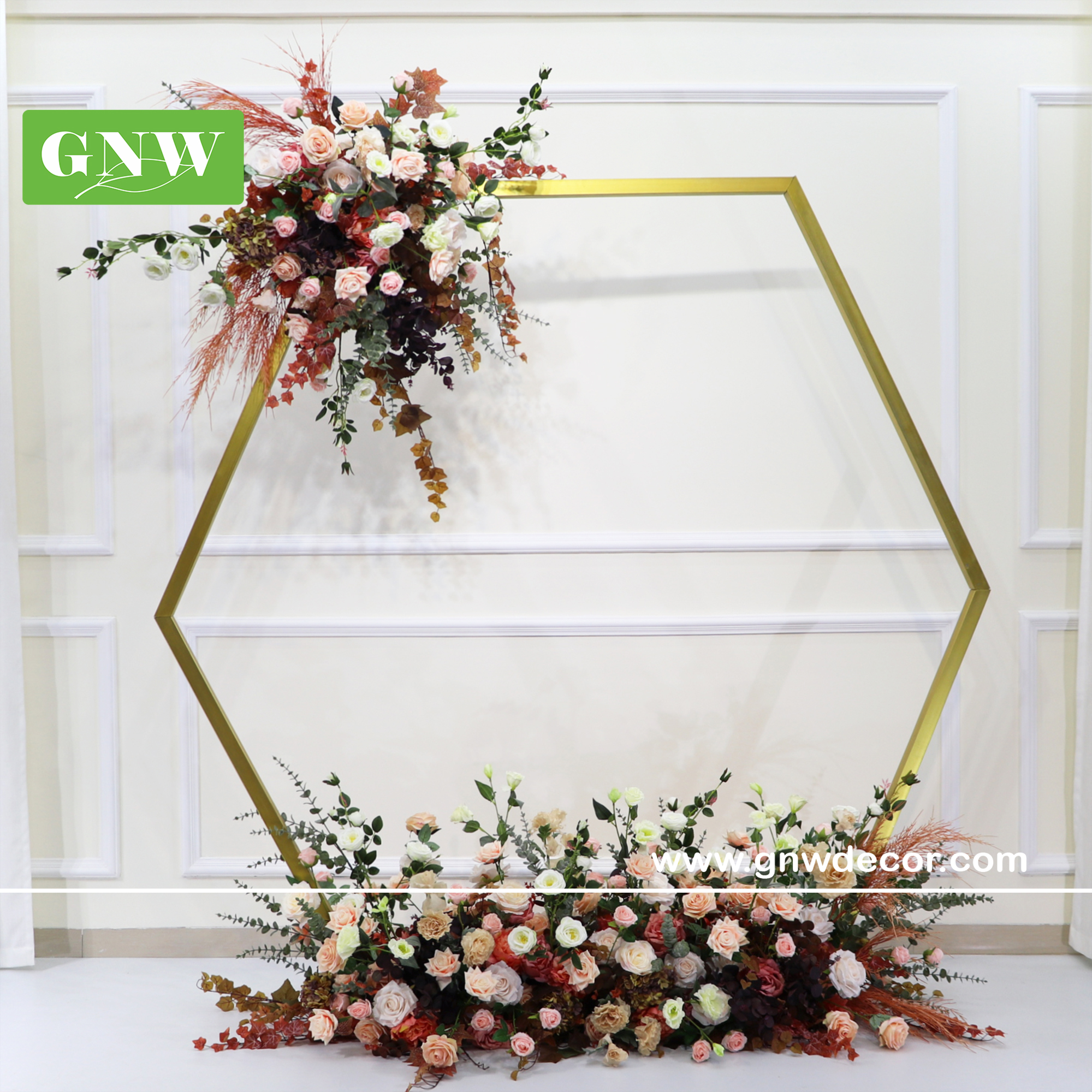 Hot Sale Wholesale Decorative Silk Flower Supplies Artificial Roses Events Wedding Hexagonal Shaped Frame Backdrop