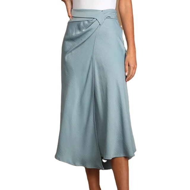 Fashion And Leisure Soft Ruffle Dusty Blue Side Knotted Midi Skirt For Women