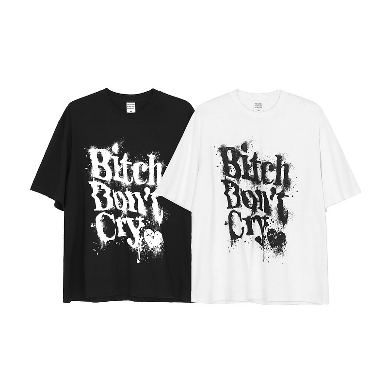 Monogram Print Round Collar High Street Rock And Roll Funeral Short Sleeve T-shirt Matching Top Trend